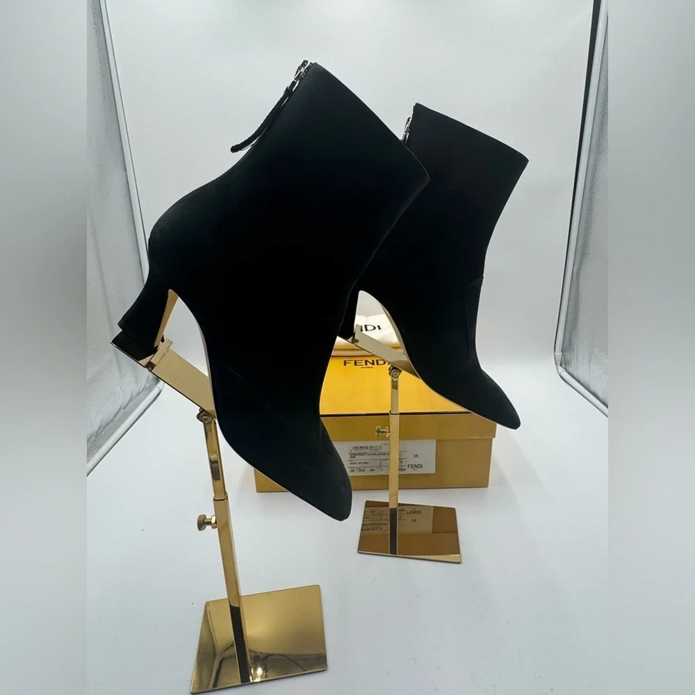 Fendi Black Suede Ankle Boots Logo Zip Heel Booties NWT Box IT 35 - Picture 5 of 17